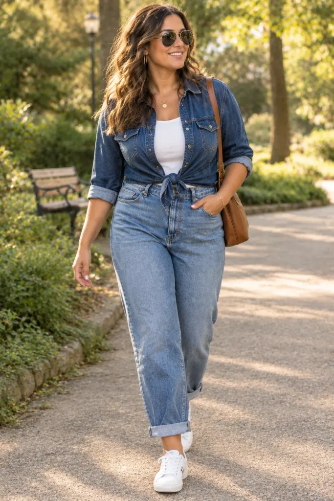 Confident plus size double denim outfit with tied shirt