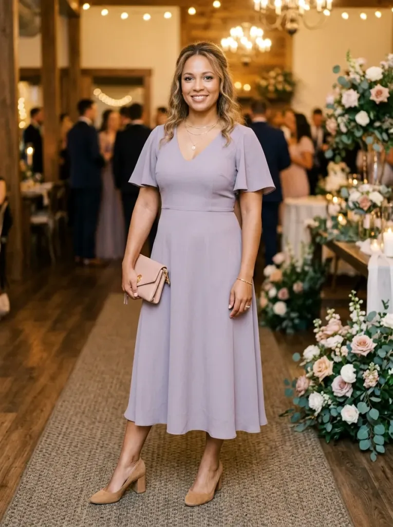 Plus size flutter sleeve wedding guest dress designed for arm confidence