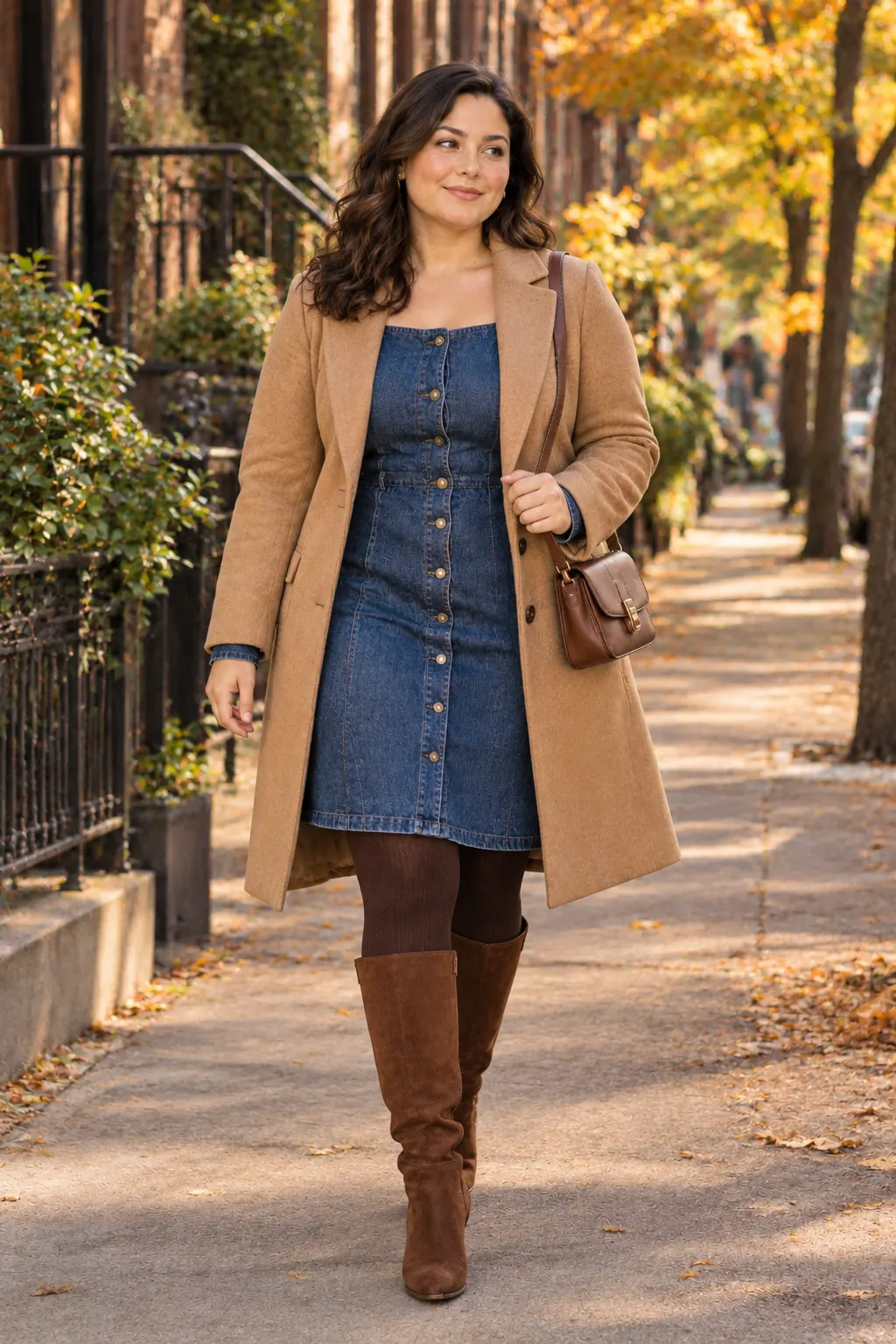 Plus size denim dress outfit with tights and boots for fall weather