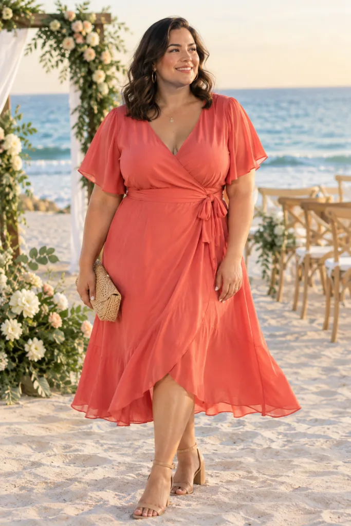 Coral Wrap Midi Dress