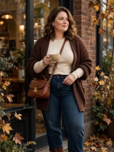 Cozy Chocolate Cardigan + Straight-Leg Jeans