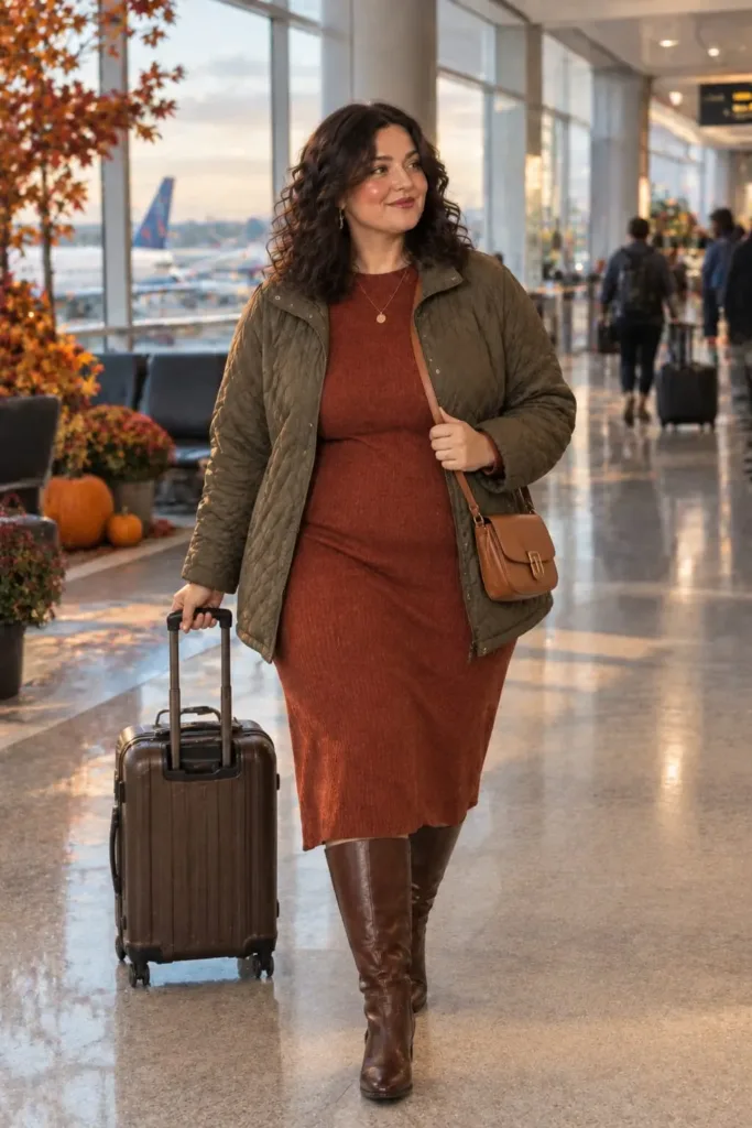  Midsize Halloween travel outfit with rust sweater dress and olive jacket