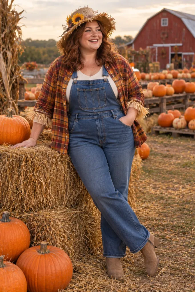 Curvy woman in denim overalls, flannel, and a straw hat in a cozy scarecrow costume