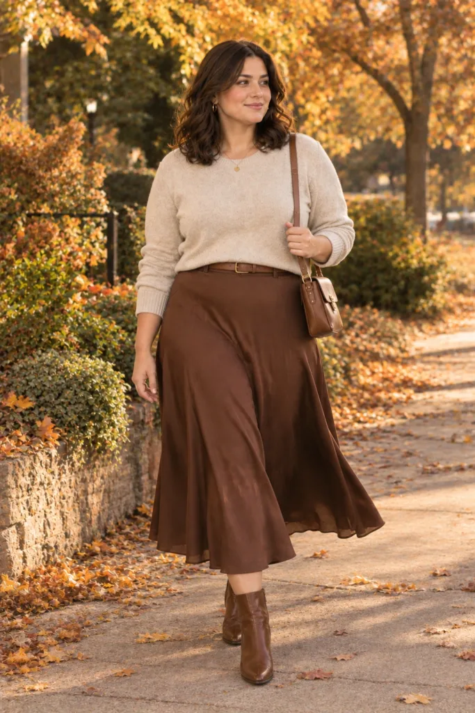 Cream Sweater + Brown Midi Skirt