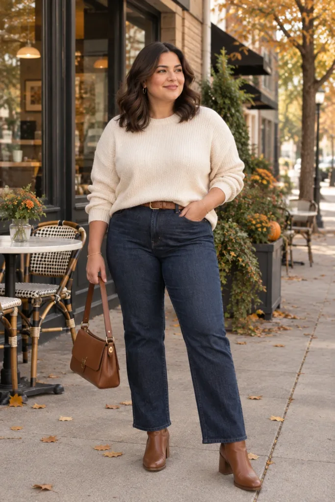 Cream Sweater + Straight-Leg Jeans