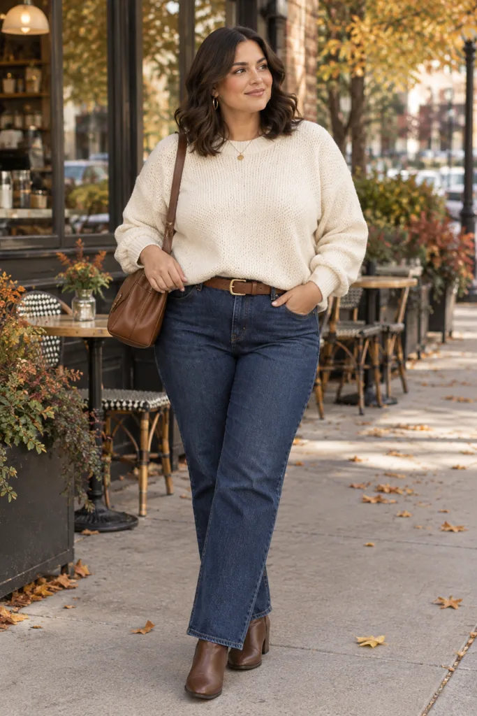 Cream Sweater + Straight-Leg Jeans