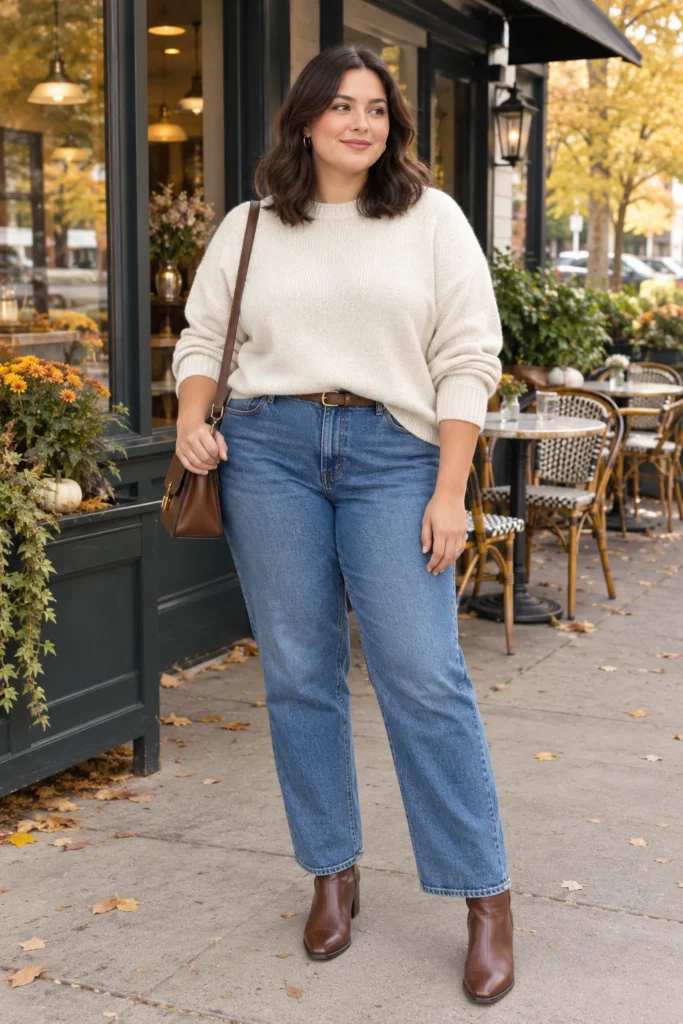 Cream Sweater + Straight-Leg Jeans