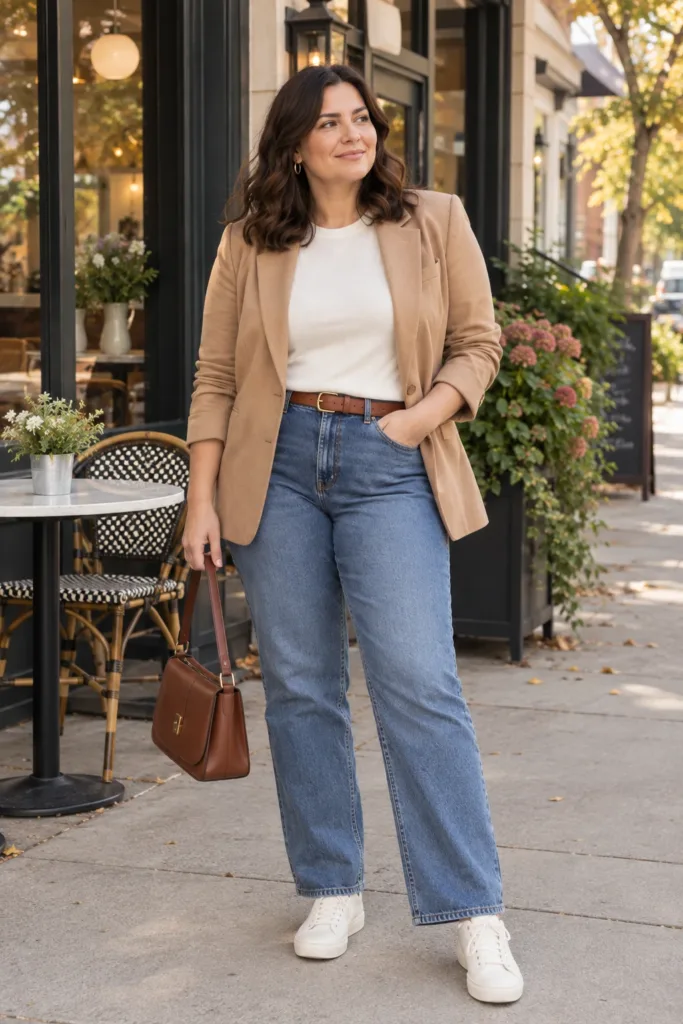Cream Tee + Straight-Leg Jeans + Blazer