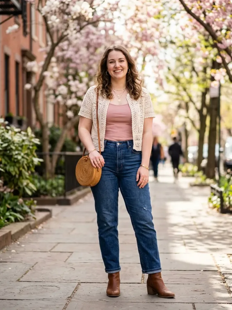 Plus size crochet top outfit layered for coverage in boho spring style