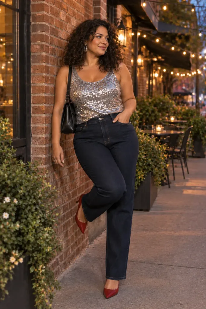 Curvy woman in a rust satin duster over an ivory slip dress with ankle boots on a patio