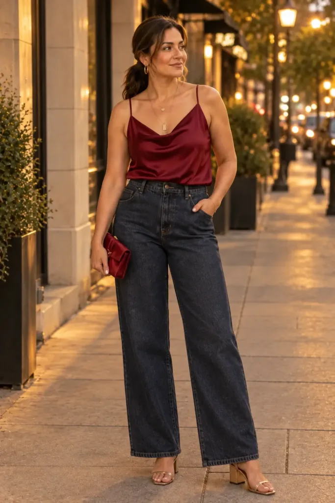 Curvy date night denim outfit with silk cami top