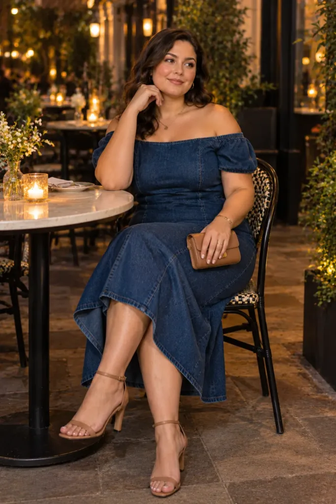 Plus size off-shoulder denim dress outfit for date night