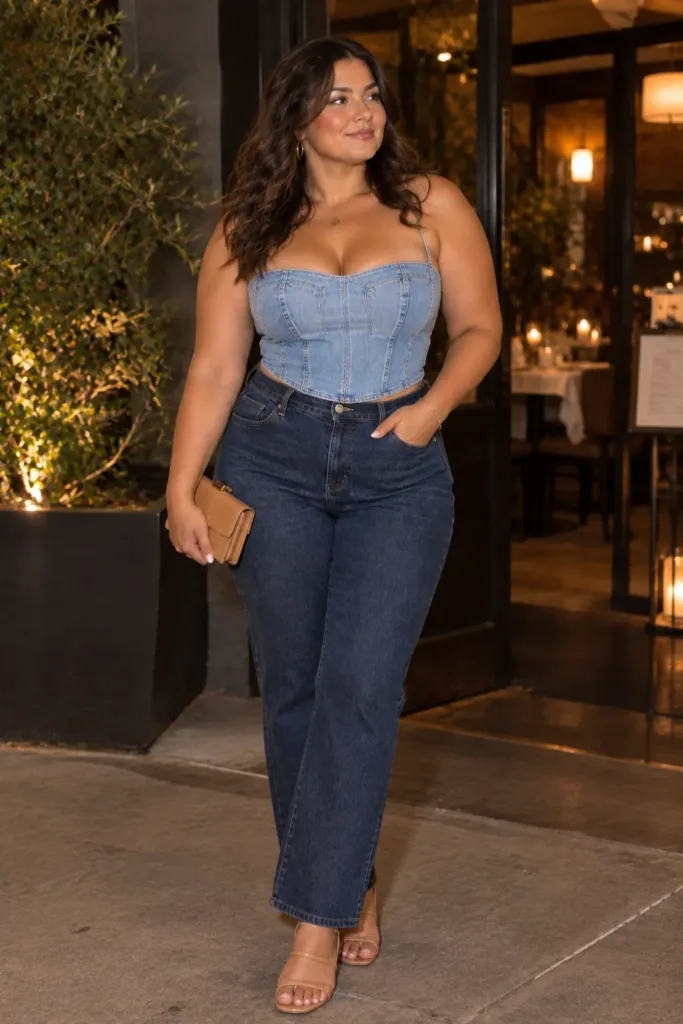 Plus size date night denim on denim outfit with corset top