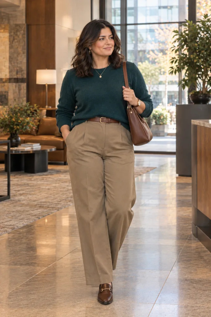 Deep Teal Sweater + Khaki Trousers