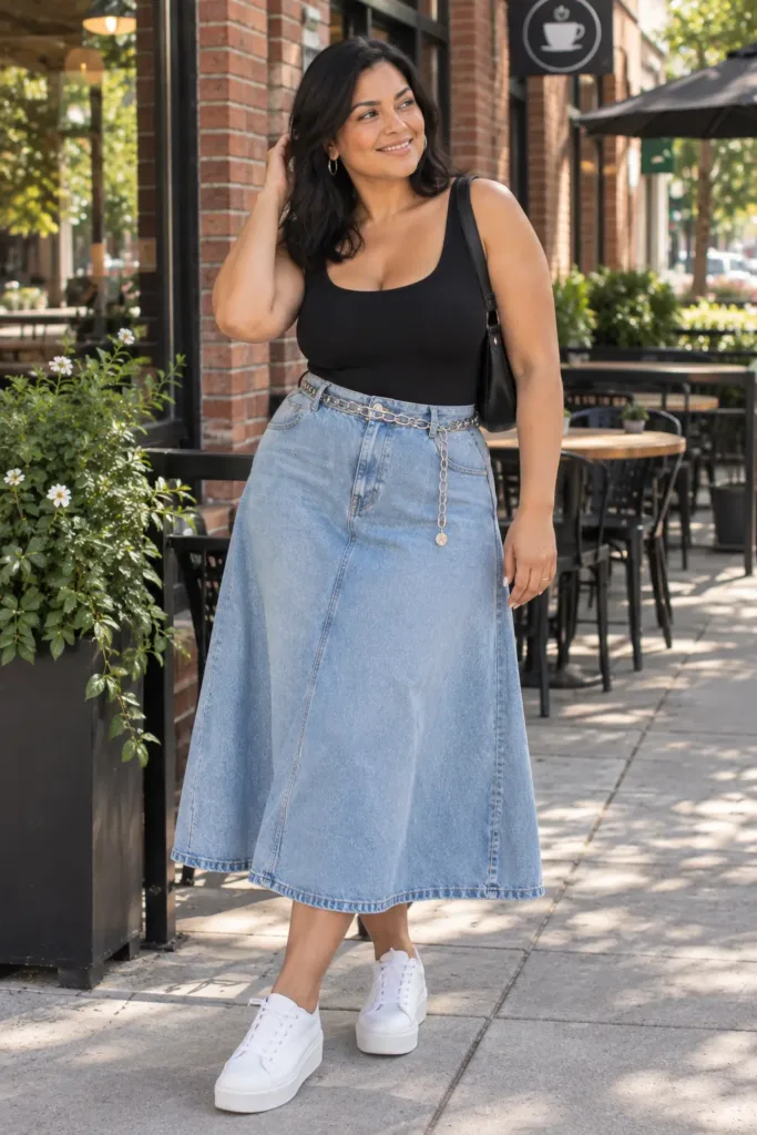Curvy woman in light denim midi skirt, black bodysuit, and white platform sneakers outside a coffee shop