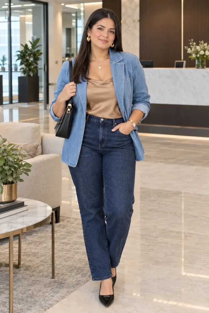 Plus size denim blazer outfit for desk to dinner