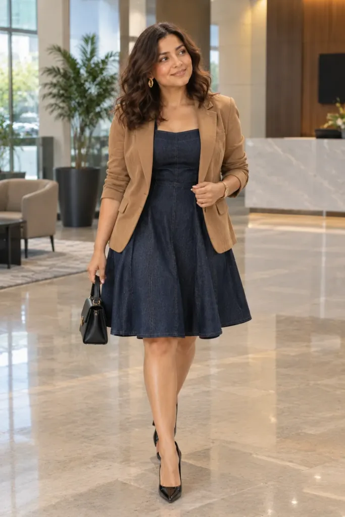 Plus size dark wash denim dress with blazer for dressy office look
