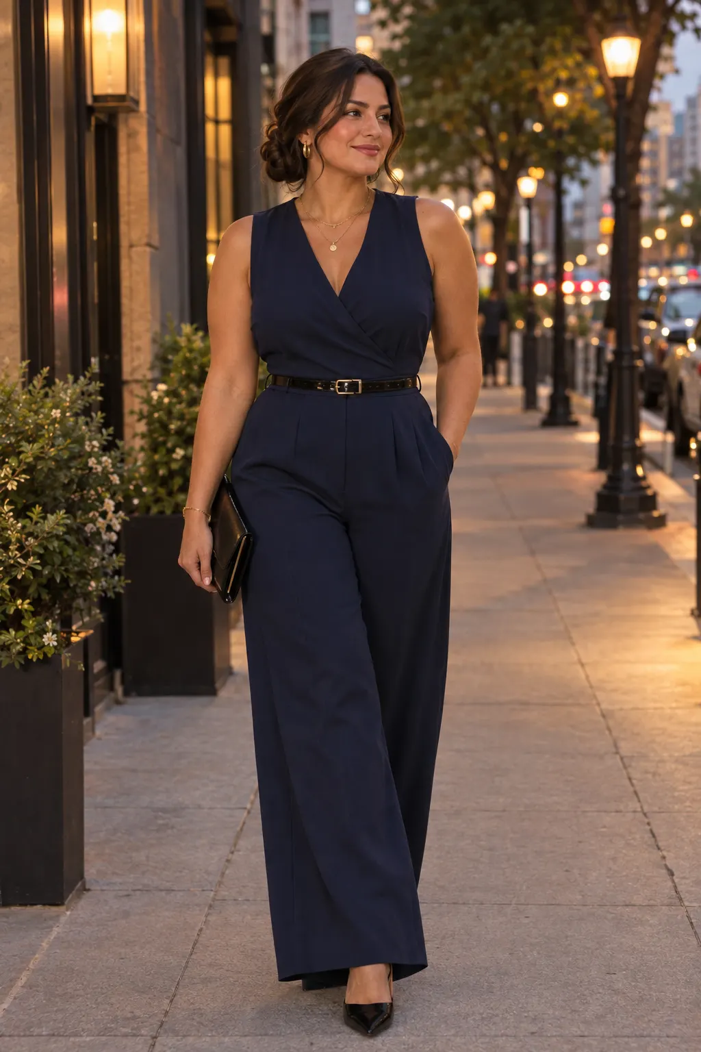 Curvy woman cocktail outfit navy jumpsuit for evening event