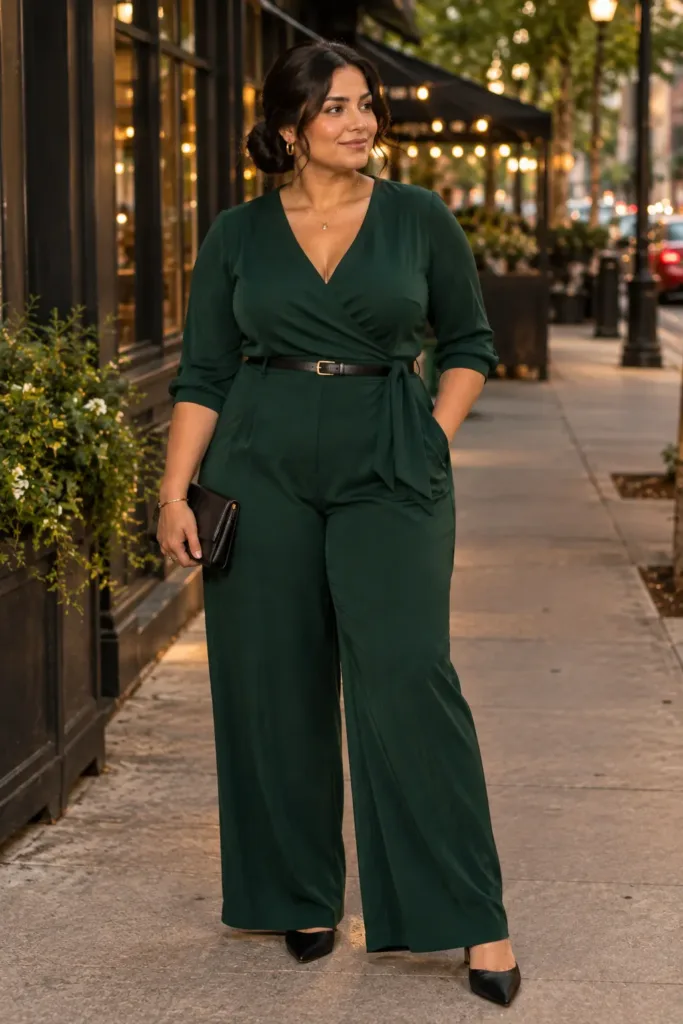 Emerald wrap jumpsuit outfit for plus size cocktail party