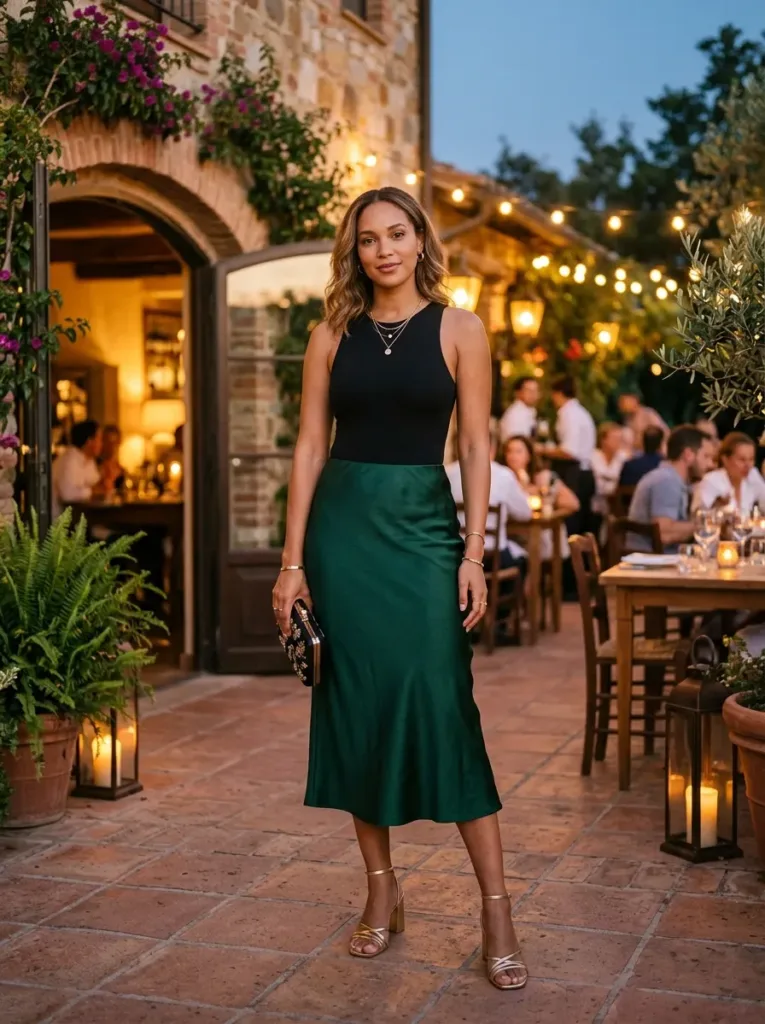 Plus size satin midi skirt outfit for a comfortable and elevated date night
