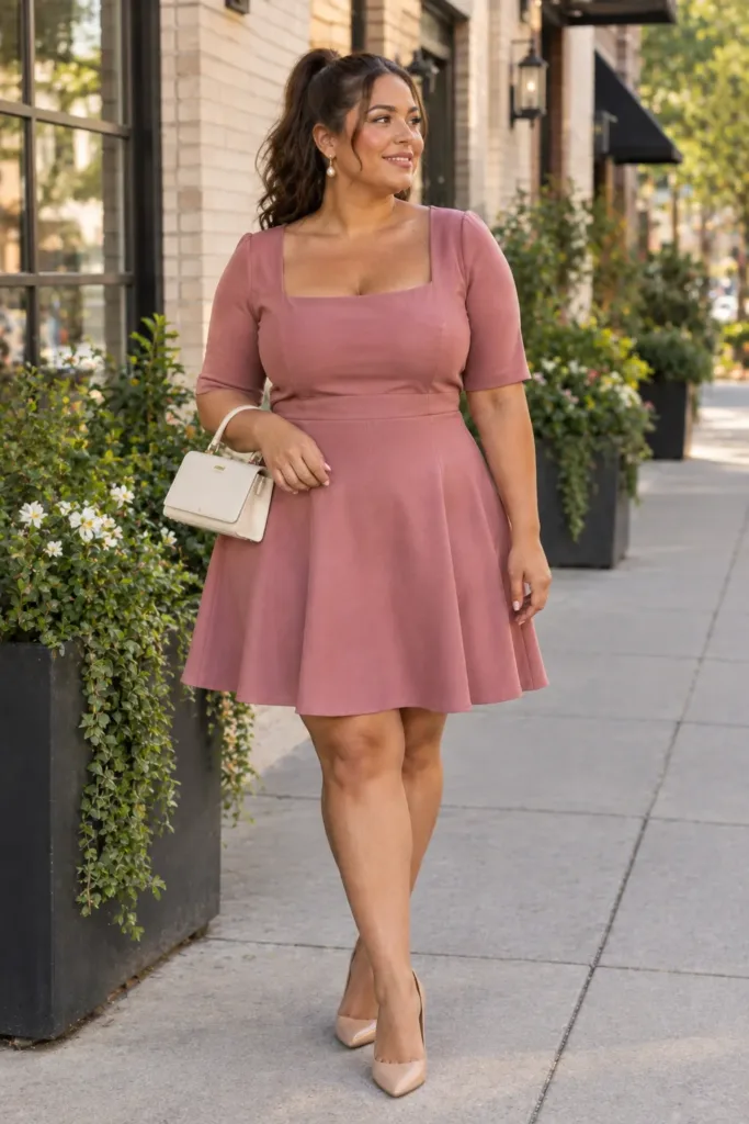 Midsize woman in a dusty rose ponte fit-and-flare dress with pearl earrings
