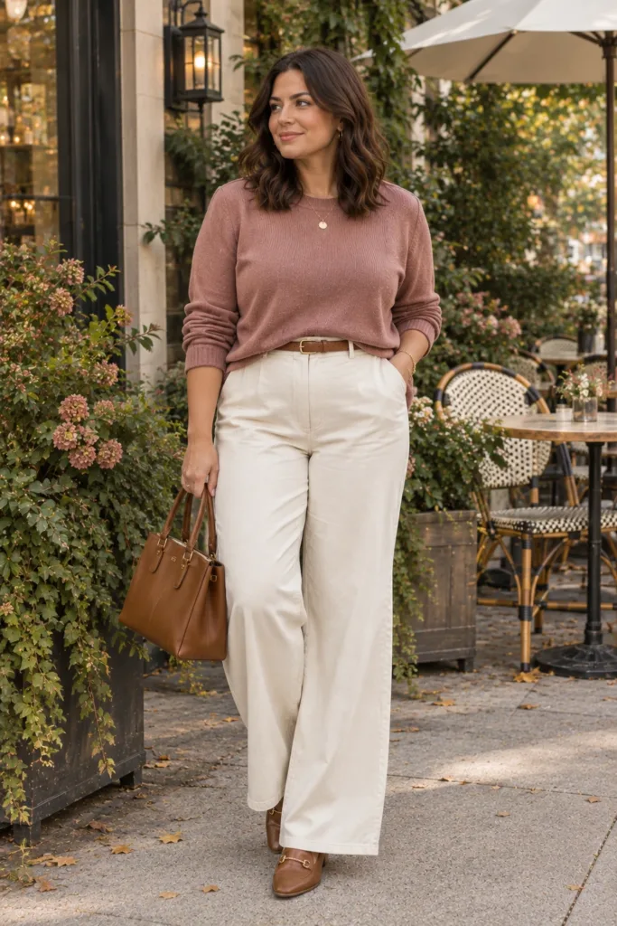 Dusty Rose Sweater + Wide-Leg Trousers