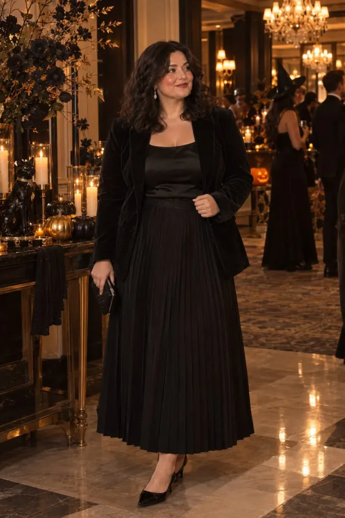 Plus-size black cat Halloween costume with velvet blazer and maxi skirt
