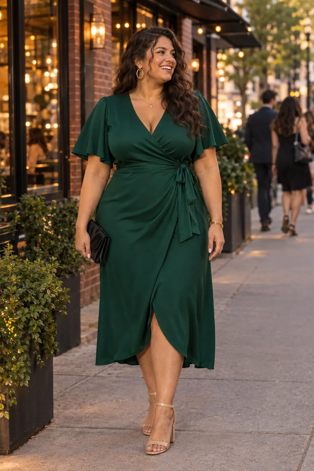 Curvy woman in an emerald wrap midi dress with nude heels, a plus size cocktail outfit