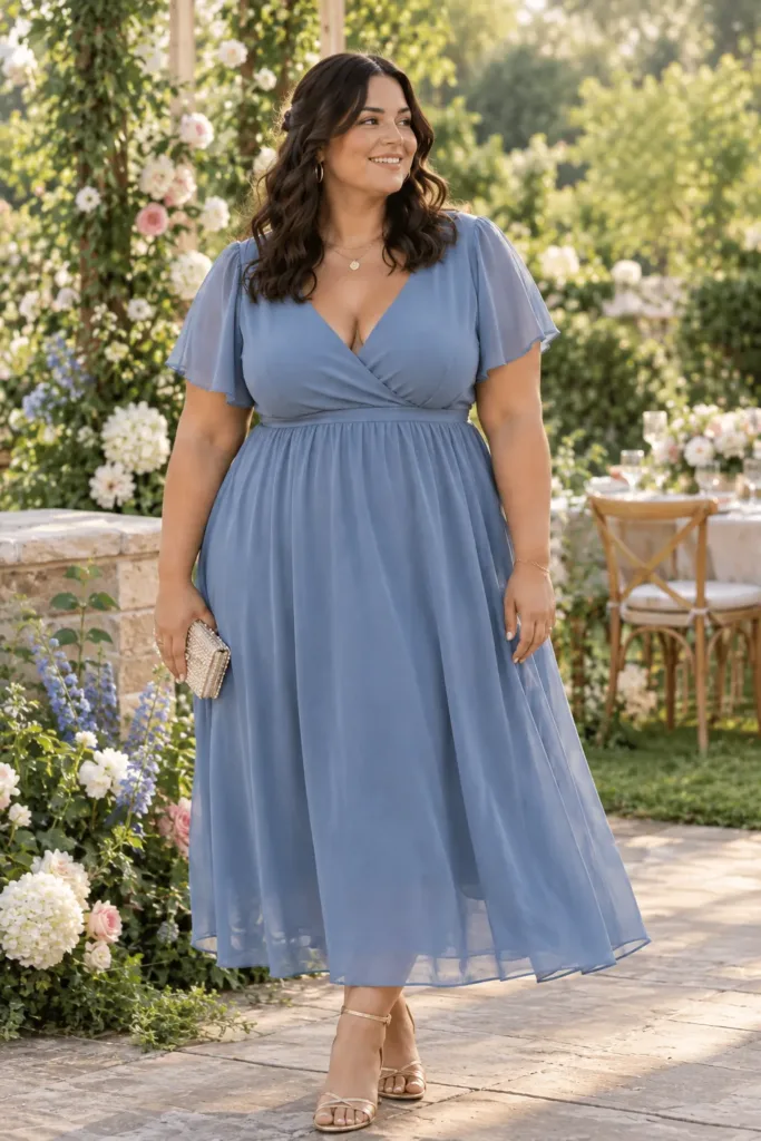 Plus size dusty blue empire waist dress for spring wedding guest outfit