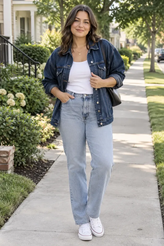 Plus size denim on denim outfit with light jeans and dark jacket