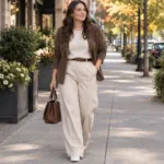 Image 2 — Lightweight Sweater + Wide-Leg Jeans Realistic fashion editorial photograph, vertical Pinterest-friendly composition 2:3, full-body confident adult midsize/plus-size woman with natural balanced body proportions, wearing a lightweight oatmeal knit sweater with a soft front tuck, dark-wash wide-leg jeans, tan leather belt, cream loafers, cognac leather shoulder bag, delicate gold necklace and small gold hoops, shoulder-length dark-brown loose waves, standing outside a modern American café, one hand holding her bag and the other relaxed naturally at her side, subtle early-fall street background, soft diffused daylight, sophisticated casual mood, realistic fabric texture and natural skin texture, premium Pinterest fashion photography, no text, no watermark, no logos, no collage, no distorted hands, no extra limbs, no overly sexualized posing.