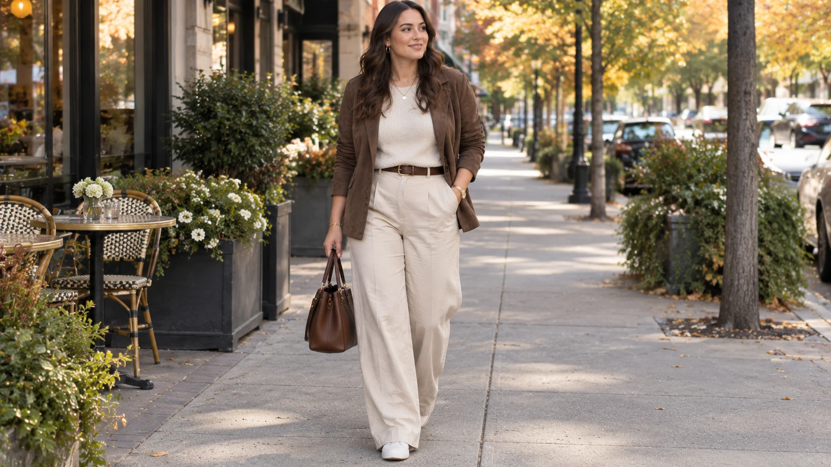 Image 2 — Lightweight Sweater + Wide-Leg Jeans Realistic fashion editorial photograph, vertical Pinterest-friendly composition 2:3, full-body confident adult midsize/plus-size woman with natural balanced body proportions, wearing a lightweight oatmeal knit sweater with a soft front tuck, dark-wash wide-leg jeans, tan leather belt, cream loafers, cognac leather shoulder bag, delicate gold necklace and small gold hoops, shoulder-length dark-brown loose waves, standing outside a modern American café, one hand holding her bag and the other relaxed naturally at her side, subtle early-fall street background, soft diffused daylight, sophisticated casual mood, realistic fabric texture and natural skin texture, premium Pinterest fashion photography, no text, no watermark, no logos, no collage, no distorted hands, no extra limbs, no overly sexualized posing.