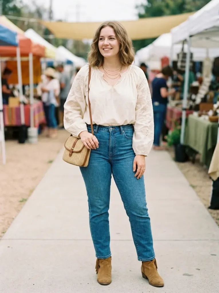 Plus size boho blouse outfit paired with fitted jeans for balanced proportions