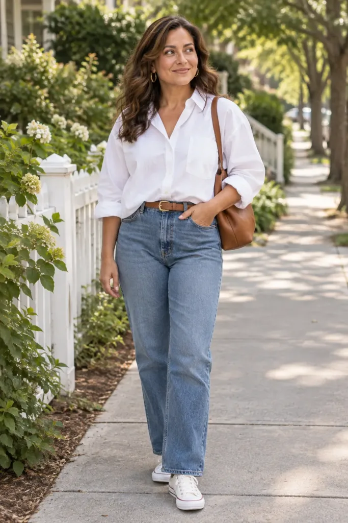 Plus size denim outfit with white button-down and straight-leg jeans