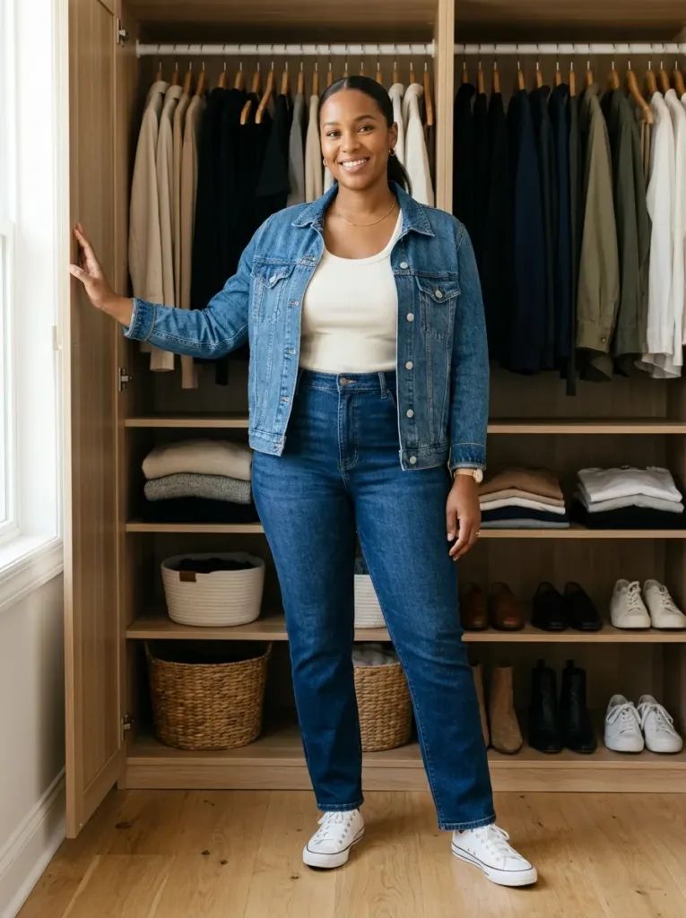 Plus size five piece capsule wardrobe outfit for an affordable spring closet