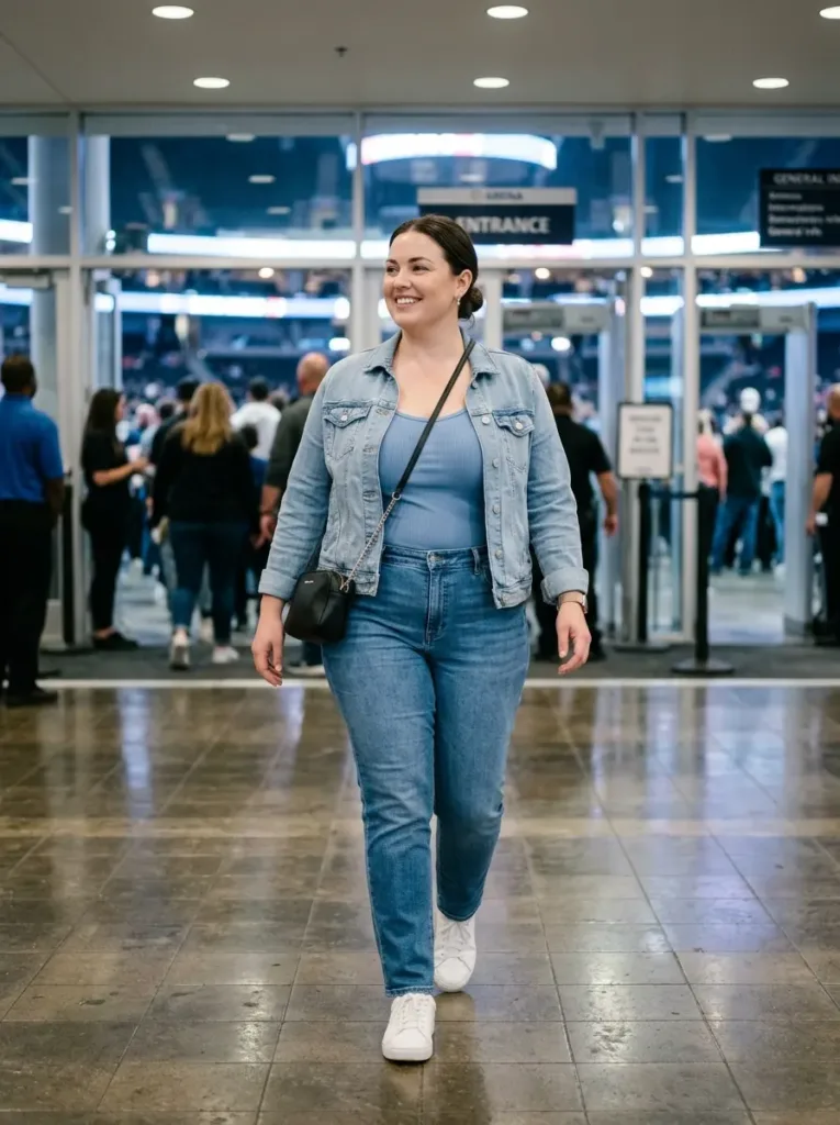 Plus size concert outfit with jacket layer for freezing arena air conditioning