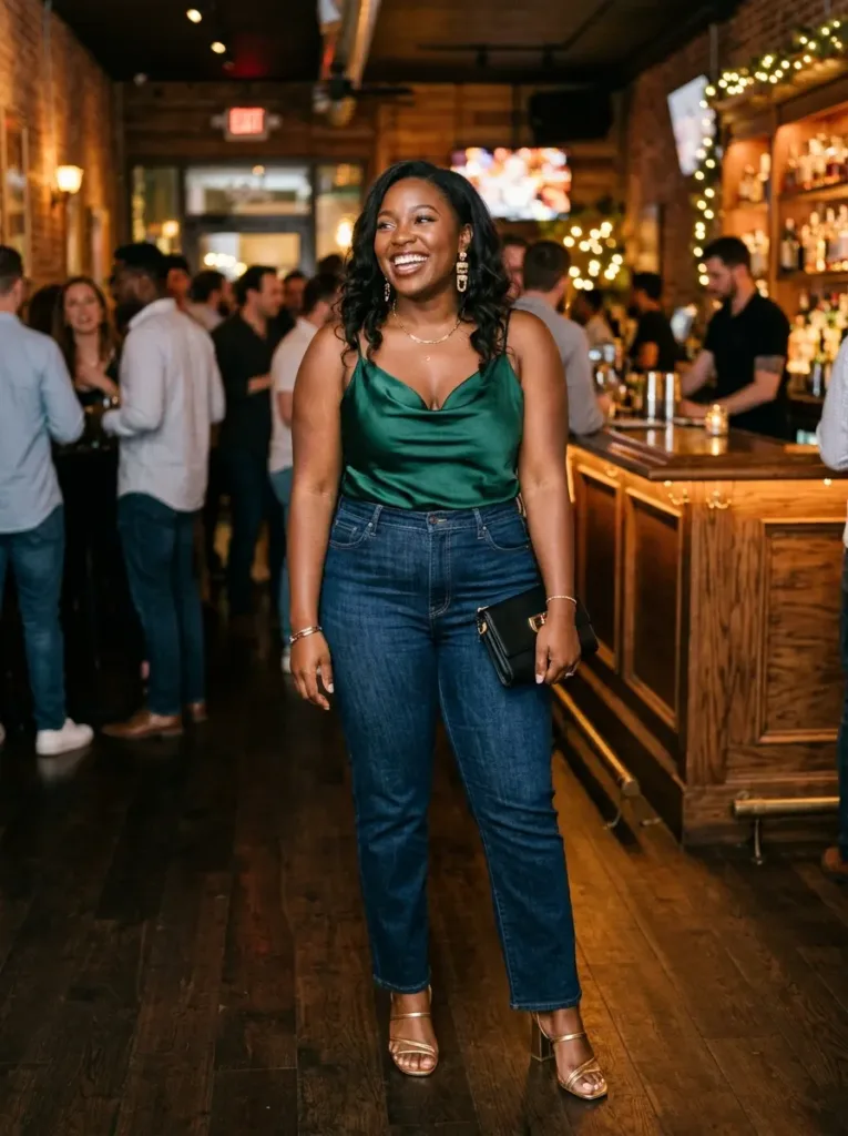 Plus size going out top outfit paired with jeans for a trendy summer night