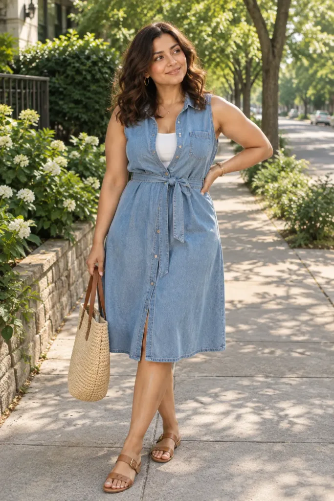 Plus size light-wash denim shirt dress outfit for hot summer days