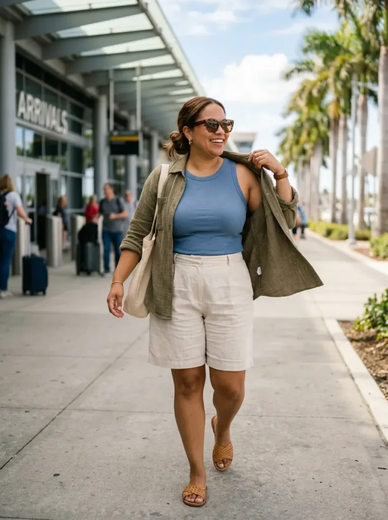 Plus size layered summer airport outfit for hot destination arrival and cold plane cabin