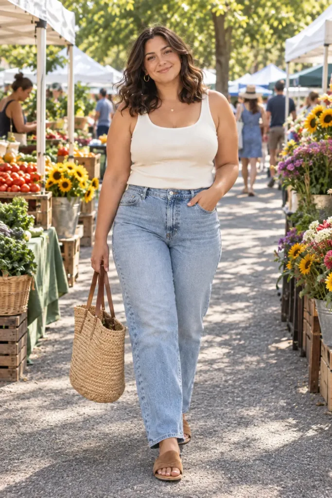 Plus size summer denim outfit with cream tank and straight-leg jeans