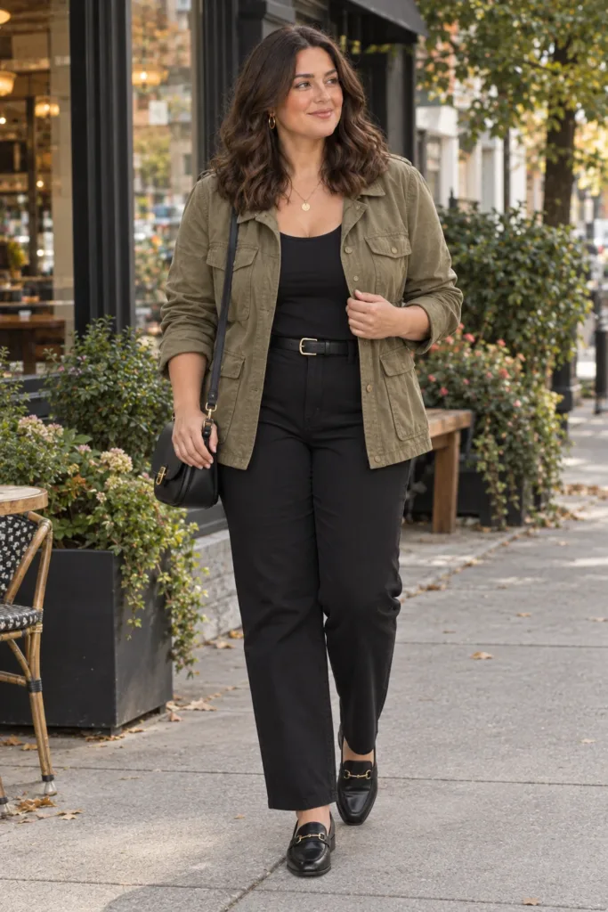 Khaki Jacket + Black Pants + Loafers