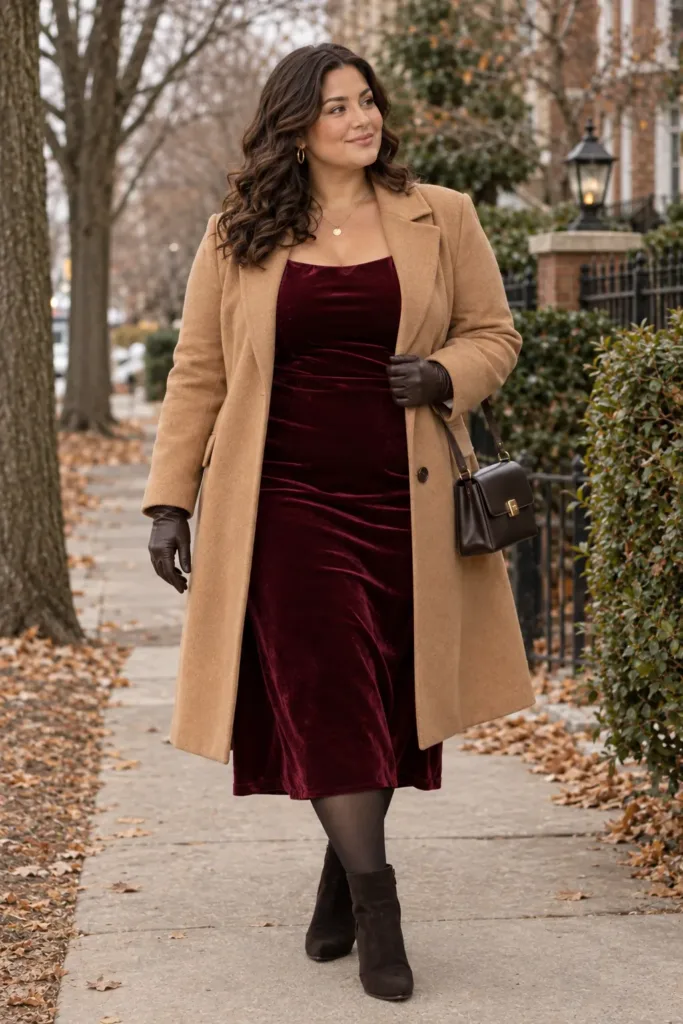 Warm plus size burgundy velvet dress and coat for fall wedding guest