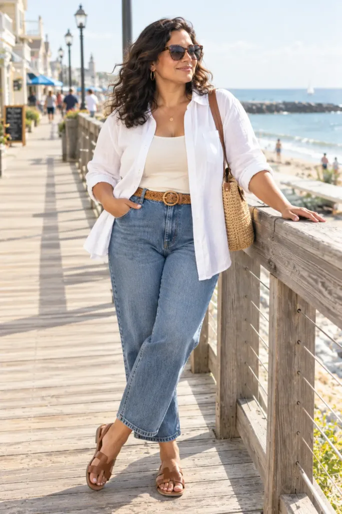 10 Plus Size Summer Travel Outfits You Can Pack Fast 4 Plus size pear woman in white linen shirt and cropped jeans, a breezy summer travel outfit