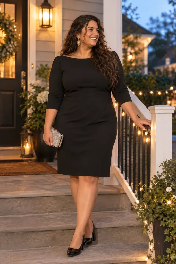 Plus size woman in a black sheath dress with gold earrings, a budget cocktail outfit