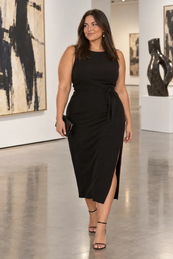 Long plus size black cocktail dress for tall curvy women