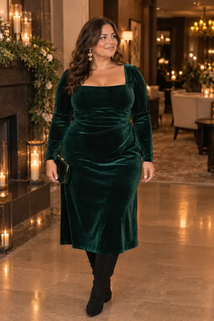  Plus size emerald velvet long sleeve dress for winter wedding guest look