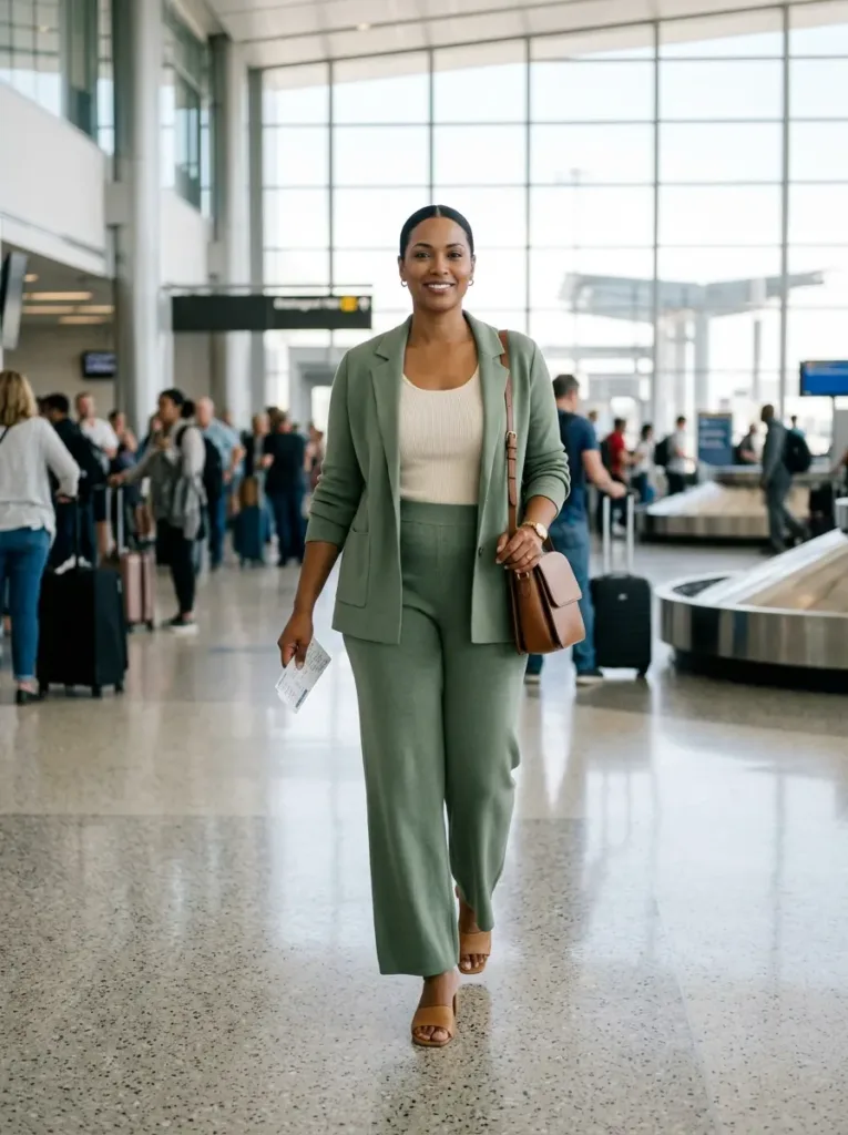 Plus size woman in matching knit travel set for polished airport arrival look