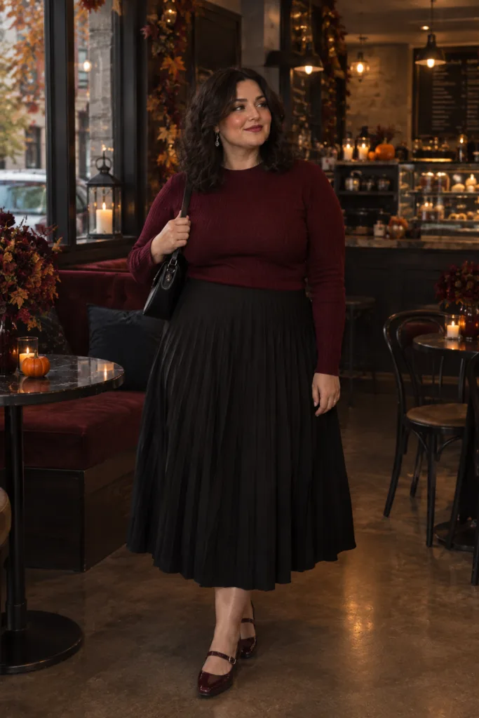 Midsize Halloween vampire outfit with burgundy sweater and pleated skirt