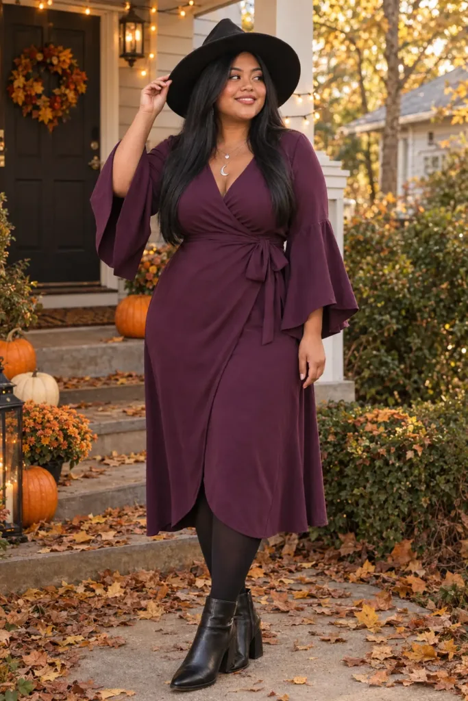 Curvy woman in a plum wrap dress and witch hat, a plus size Halloween costume idea