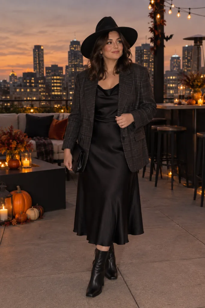 Midsize Halloween witch costume with black satin dress and plaid blazer